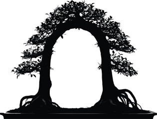 Unique Bonsai Arch Silhouette - Gateway of Nature in Black and White Vector Art for Zen, Graphics, and Symbolism