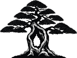 Sturdy Ancient Tree Silhouette - Broad Canopy and Hollow Trunk in Black and White Vector Art for Nature and Symbolism