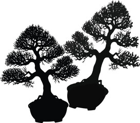 Two Bonsai Tree Silhouettes - Duo of Potted Plants in Black and White for Zen Gardens and Harmony Concepts