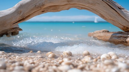Seashells and Driftwood on Turquoise Shoreline