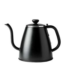 Sleek black gooseneck kettle, angled spout, rounded body, handle on side, dark background