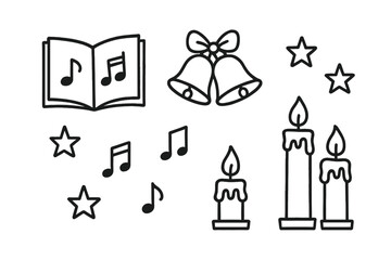 Christmas Carol Icons. Christmas carol doodle icon set: hand drawn icons of choir book, bells, notes, stars, and candles. isolated