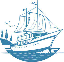 Elegant Cruise Ship Vector Illustration with Sails and Scenic Background
