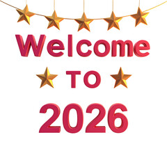 Festive graphic with "Welcome to 2026" in pink, gold stars, on black background