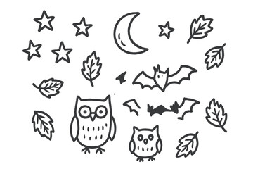 Obraz premium Autumn Night Symbols. Autumn night doodle icon set: hand drawn icons of stars, moon, bats, owls, and falling leaves. isolated