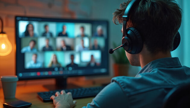 Young man wearing headset with microphone participates in online meeting on laptop. Multiple people visible on screen in video conference. Person works remotely at desk with coffee cup.