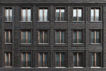 Obraz premium Modern architectural design showcased through a striking black brick facade with multiple windows and elegant metal railings in an urban environment during daylight hours