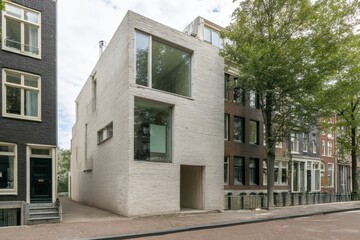 Unique modern architecture stands out on a quiet street in Amsterdam, showcasing clean lines and innovative design amidst historical buildings