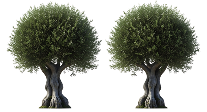 Two ancient olive trees with gnarled trunks and green foliage transparent