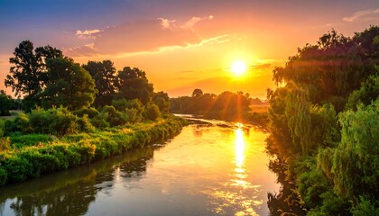 A scenic river flows peacefully through lush green foliage under a radiant, golden sunset with the sun's rays reflecting