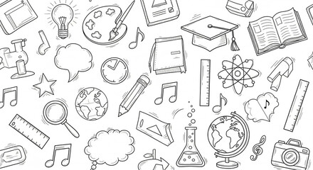 Naklejka premium Ai generated:Educational Icons Sketch Illustration Featuring School and Science Elements