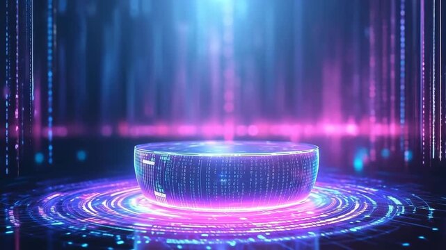 Futuristic glowing holographic platform with binary data streams and smooth camera orbit in blue and pink neon light