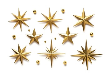 Obraz premium Collection of golden star ornaments and small beads isolated on white background