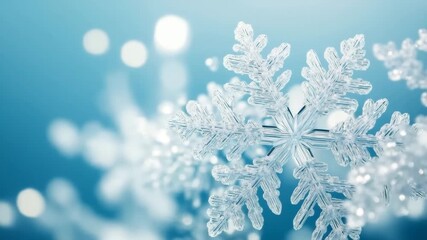 Macro close-up of detailed ice snowflake crystal against blue background with smooth camera orbit - Powered by Adobe