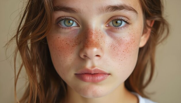 Closeup photo young girl with freckles. Teenager with unique beauty looks into camera. Subject portrait promotes self-acceptance. Natural skin shows youth and confidence in herself.
