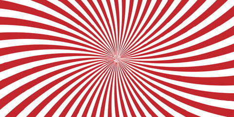 Fototapeta premium Retro red and white sunburst vector illustration featuring a vintage ray pattern and grunge texture design. sun, flag, paper, backdrop, swirl, line, lines, sunbeam