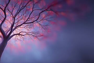 Silhouette of a bare tree against a colorful twilight sky showcasing delicate branches in a serene landscape