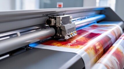Advanced printing machine in action creating vibrant banners in a modern print shop environment