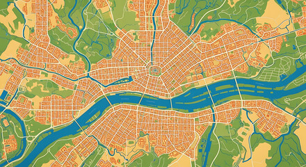 Obraz premium Detailed City Map Illustration with River, Roads, and Green Spaces An Aerial View