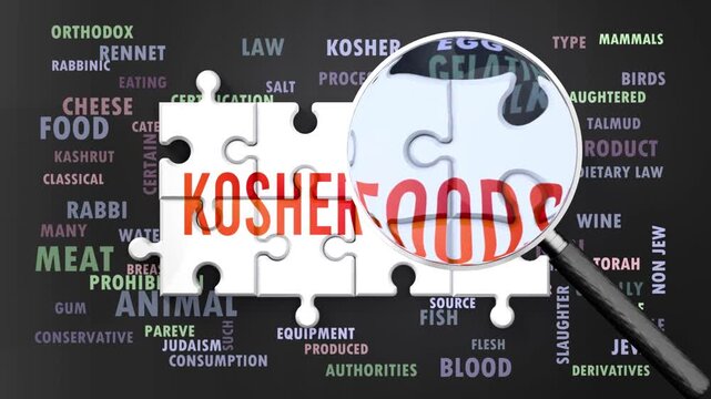 Kosher Foods under magnifying glass, being researched, studied and examined. Most important subjects and ideas closely related to kosher foods written around a puzzle.Can be looped.