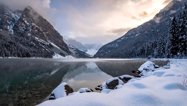 A serene winter scene featuring a lake nestled between snow-covered mountains and forested slopes under a cloudy sky at dawn
