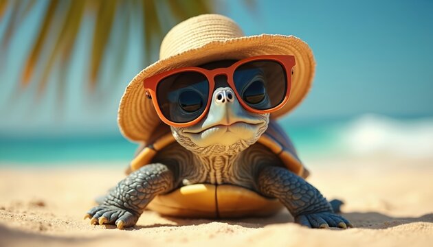 Baby turtle sits on sandy beach wearing straw hat and orange sunglasses. Cute reptile enjoys vacation by blue ocean water under palm tree. Relaxing sea animal.