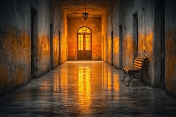 Fototapeta premium Sunset light illuminating a quiet hallway with an antique bench in an abandoned building