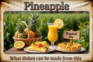 Pineapple display in wicker basket, juice and tart, colorful joy