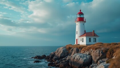 Obraz premium White lighthouse stands on rocky coast. Beacon guides ships through ocean. Red top adds contrast against sky and water. Building situated near blue sea. Coastal scene features lighthouse.
