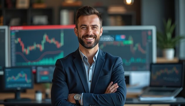 Smiling business man in suit poses near desk with graphs. Trader watches stock market data on screen. Confident male analytics expert examines price chart at modern workplace.