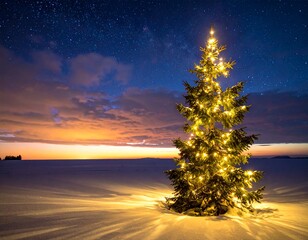 Lonely Christmas Tree with Warm Lights in the Dark Winter Night