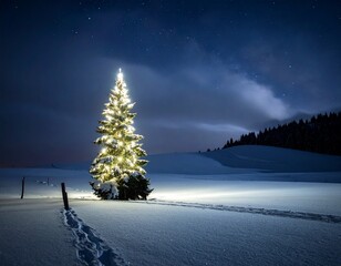 Lonely Christmas Tree with Warm Lights in the Dark Winter Night