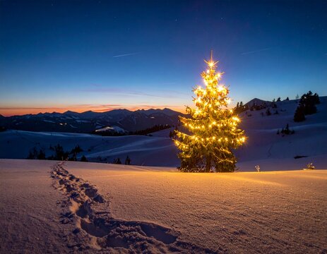 Lonely Christmas Tree with Warm Lights in the Dark Winter Night