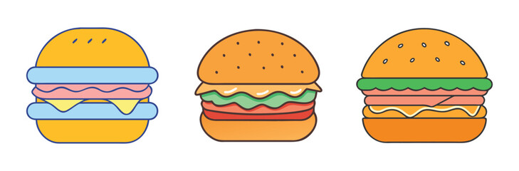 Delicious burger illustration with various toppings and colorful buns for food lovers art