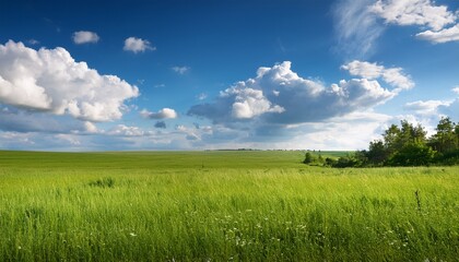Obraz premium Beautiful Rural Landscape Of A Green Meadow With A Blue Sky Under White Cumulus Clouds On A Warm Summer Day