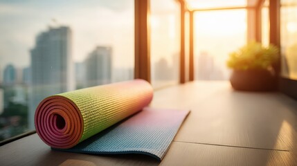Colorful yoga mat rolled on floor with scenic city view and natural light