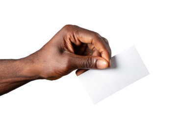 Close-up of a dark-skinned hand holding a blank white business card