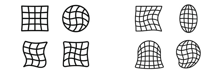 Various geometric shapes with grid patterns displayed on a white background showcasing creative designs in a simple format