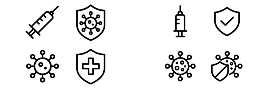 Icons representing vaccination, health, and safety measures related to infectious diseases in a modern design
