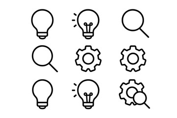 Creative design elements showcasing light bulbs, magnifying glasses, and gears in a minimalist style