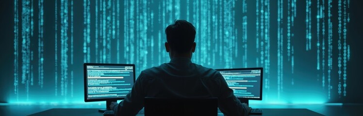 Man works on computers with digital binary code on screen in dark cyber space environment. Programmer coder or developer at work with coding software and internet connection.