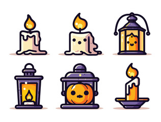 Fototapeta premium Halloween Glowing Candle and Lantern Vector Bundle in Cartoon Style. Cute Hand-Drawn Halloween Candle and Lantern Vector Illustrations