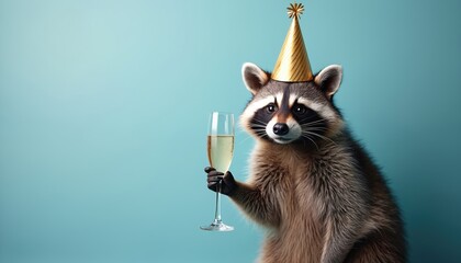 Raccoon celebrates event. Animal wears party hat and holds champagne glass. Cute mammal poses on blue pastel background. Pet celebrates birthday event with beverage. Funny animal character drink wine.