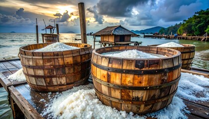 Rustic wooden barrels overflowing with harvested salt sit on a weathered pier by the sea, with a small stilt house and distant islands under a dramatic sunset sky.