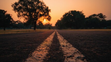 Scenic roadway at sunset with trees along the side