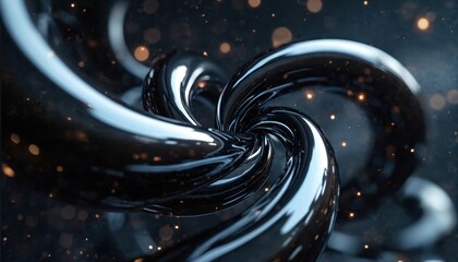 Abstract swirling black chrome forms a vortex with glowing bokeh lights. Metallic glossy texture suggests futuristic motion and elegant design.