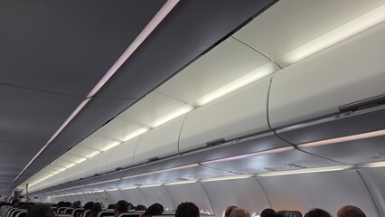 Passenger airplane cabin interior with overhead luggage compartments in flight © iri.madrid.art