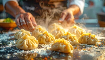 A chef's hands meticulously arranging freshly steamed dumplings on a floured surface, with visible steam rising, suggesting a culinary preparation in progress.