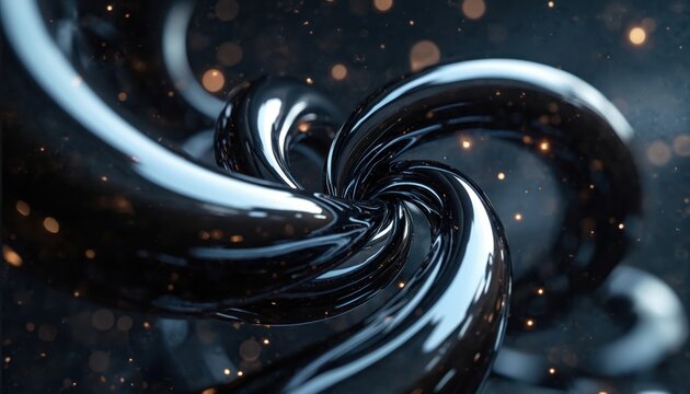 Abstract swirling black chrome forms a vortex with glowing bokeh lights. Metallic glossy texture suggests futuristic motion and elegant design.