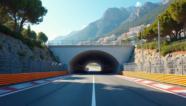 Monaco Grand Prix circuit tunnel entrance on a sunny day. Formula 1 race car drives through the tunnel. Famous racing track with urban architecture and mountains